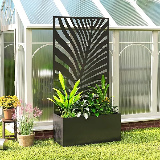 Outsunny Metal Planter Box with Trellis, 71" Tall Raised Garden Bed with Trellis Privacy Screen for Climbing Plants, Large Leaf Cut-Out Privacy Planter for Garden, Patio, Balcony Outsunny