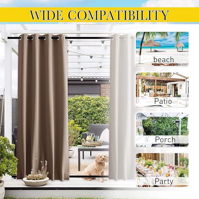 NICETOWN 2 Panels Blackout Patio Waterproof Outdoor Curtains, Insulated Top & Bottom Grommet & Back Tab Windproof Room Darkening Drapes Privacy for Pergola with Fixed Ropes, W46 x L72, Tan-Khaki NICETOWN