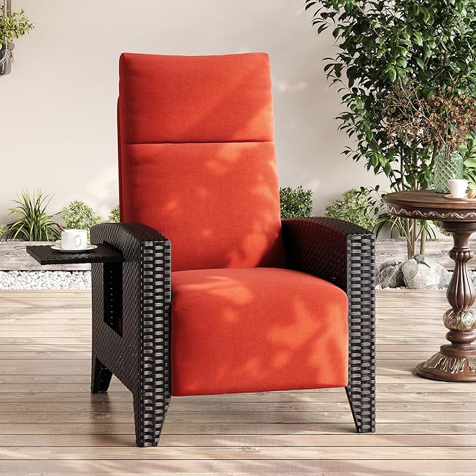 IDEALHOUSE Wicker Outdoor Recliner Reclining Patio Chairs with Adjustable Back & Footrest 150° Lay-Flat Reclining with Air Pump Rattan Flip-Up Side Table Outdoor Lounge Chairs for Pool Deck Balcony IDEALHOUSE