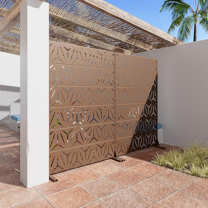 Casaphoria Metal Privacy Screen Outdoor, 72" H x 47" W Freestanding Decorative Privacy Screen for Patio Deck Balcony Garden with Stable Base, Brown Star Casaphoria