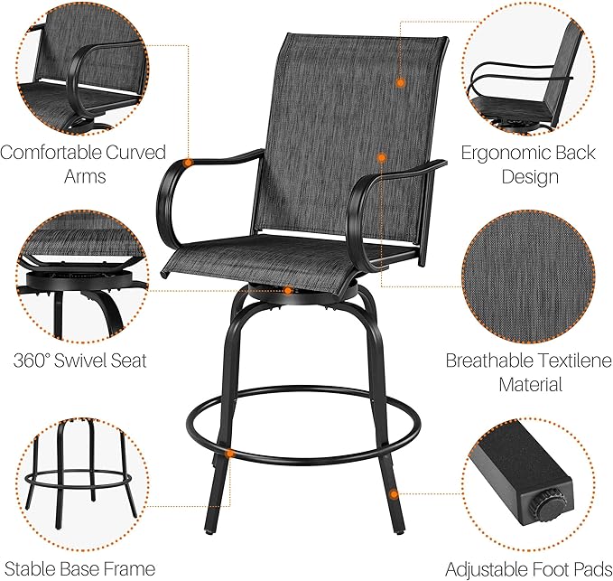 Yaheetech Patio Swivel Barstools Outdoor Chairs Set of 6, High Bistro Stools Outdoor Furniture, All-Weather Patio Stools for Outside, Beach, Lawn, Poolside and Garden, Black Yaheetech