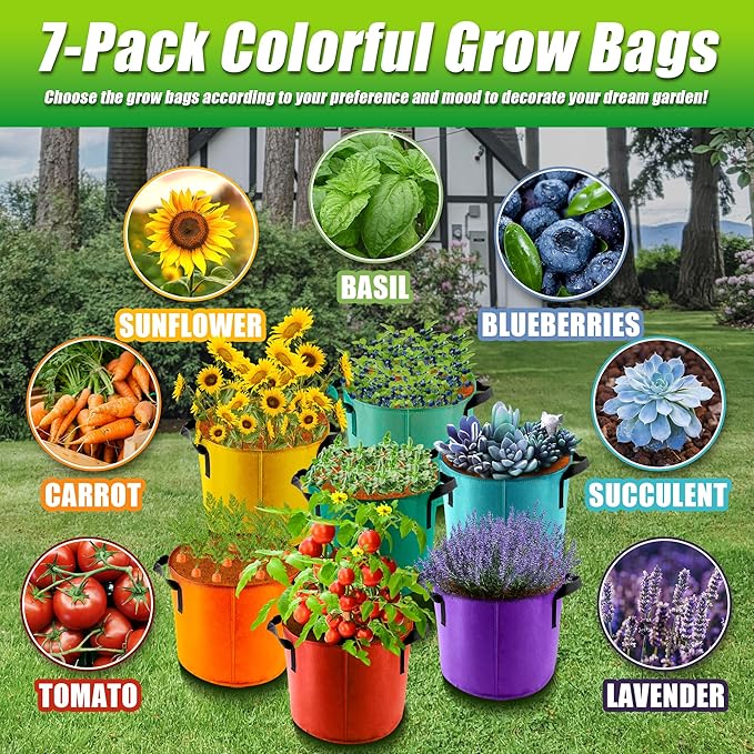 10 Gallon Grow Bags, 7 Pack Colorful Fabric Plant Pots with Handles for Garden and Outdoor Planting Sinimaka