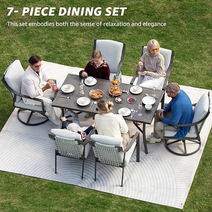 NATURAL EXPRESSIONS 7 Piece Patio Dining Table Outdoor Furniture Set for 6, 4Pcs Fixed and 2Pcs Swivel Patio Dining Chairs with Olefin Cushions, 65”Large Dining Table with Umbrella Hole NaturalExpressions