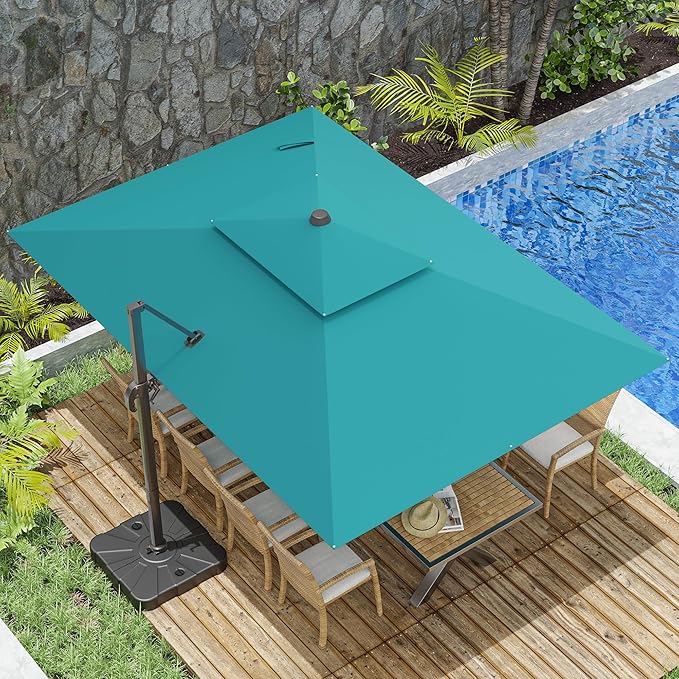 10x13FT Cantilever Outdoor Patio Umbrellas, Double Top Large Rectangle Umbrella, Heavy Duty 360° Rotation Offset Outdoor Sun Shade Umbrella for Garden Deck Pool Backyard Patio, Turquoise ZLACUIU