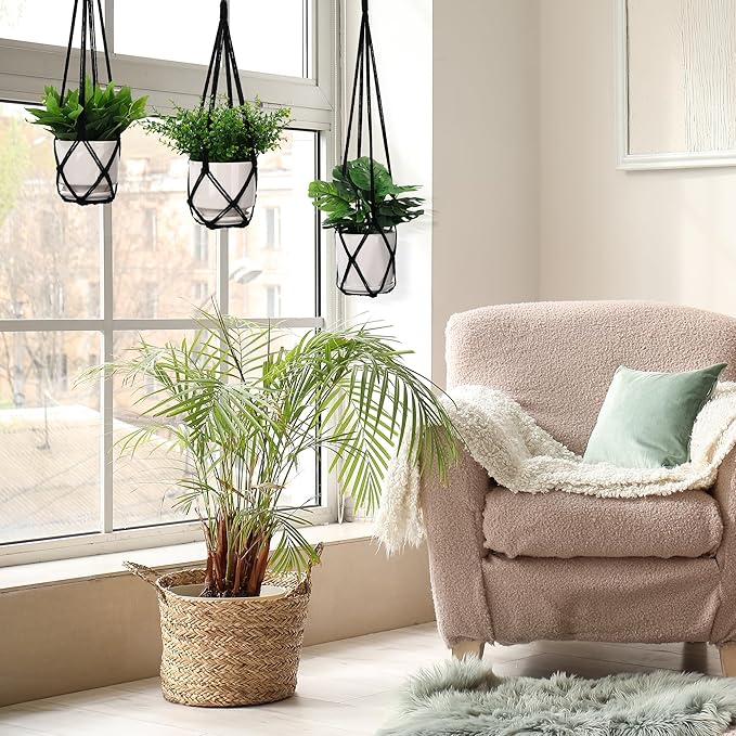 YIBOT Macrame Plant Hanger Indoor Set of 2 with 2 S Hooks, Indoor Outdoor Hanging Planter for Plants Holder with Decorative No Tassels, Boho Home Decor, 35 Inch, Black (Pots Not Included) YIBOT