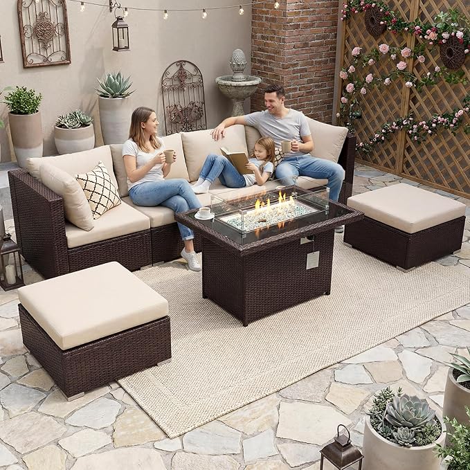 NICESOUL 7 Piece Outdoor Patio Sectional Furniture Set with Fire Pit Natural Gas/Propane, Large Size Comfortable Conversation Sets, 29.3'' High Back Deep Seat Sofa, Brown Rattan and Beige Cushion NICESOUL