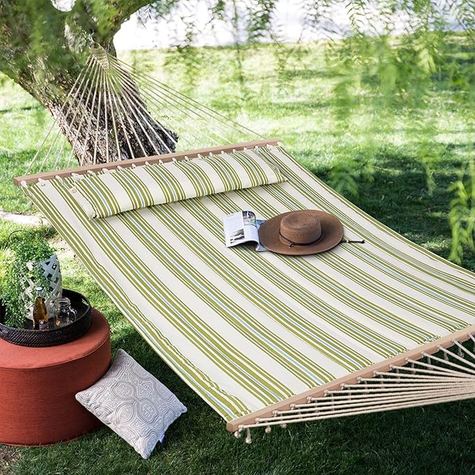 SUNCREAT Hammock 2 Person Heavy Duty, Double Hammocks for Trees, 2 Person Hammock with Spreader Bar, Green&Beige SUNCREAT