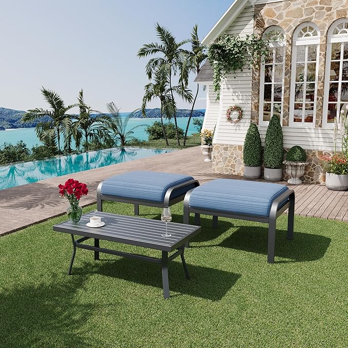 HOMREST Metal Outdoor Ottoman, 3-Piece Aluminum Footstool w/Removable Cushion, Multipurpose Footrest Stool with Coffee Side Table Additional Seating, Set of 3 Outdoor Ottomans for Patio Deck (Blue) HOMREST