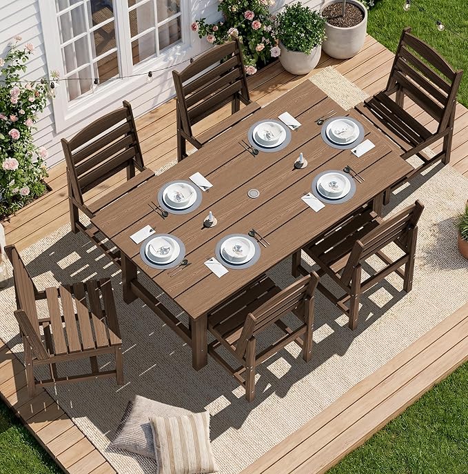 SERWALL Patio Dining Sets for 6 Person, HDPE Dining Set with 6 Armless Chairs, Brown SERWALL