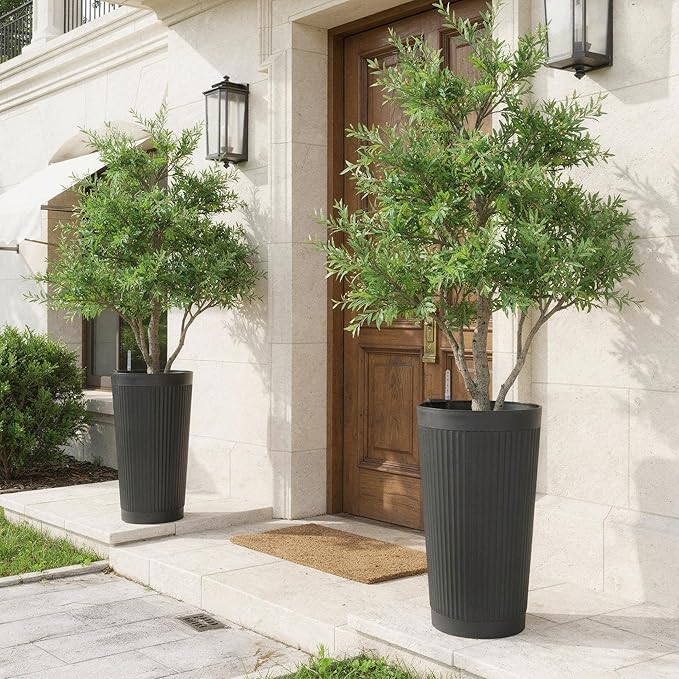 Self Watering Tall Black Planters Outdoor Set of 2, 24” Flower Pots Planters for Outdoor Plants, Modern Plastic Tall Planter for Front Porch, with Drainage Hole (Ribbed) PolarcoForgeco