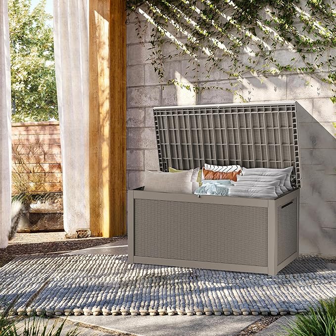 TARKARI 320 Gallon Lockable Resin Deck Box, Waterproof & UV-Resistant Outdoor Storage Box for Outdoor Cushion Storage, Garden Tools & Pool Accessories Storage, Gray Home