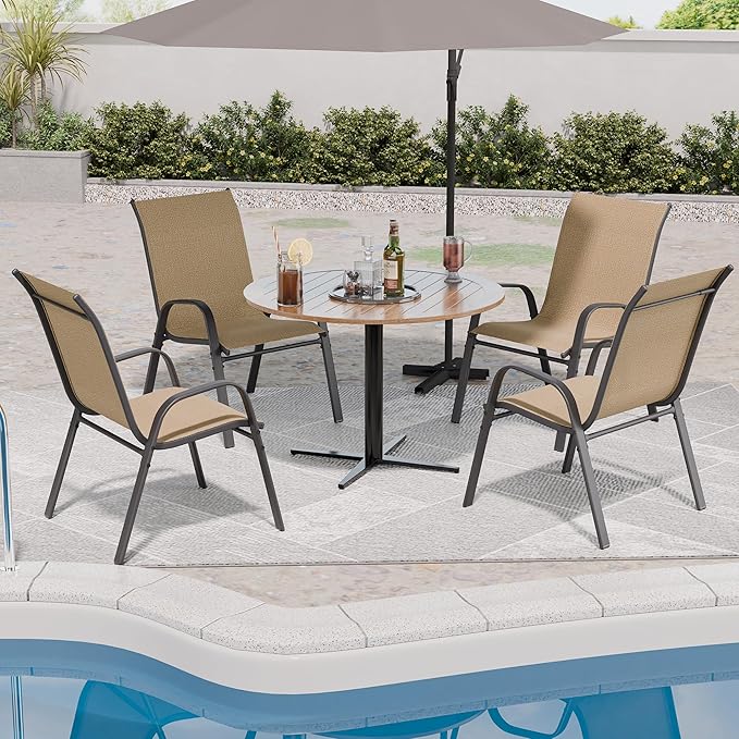 Patio Chairs Set of 4, Outdoor Dining Chairs Stackable for All Weather, Breathable Metal Modern Outside Furniture Chair for Pool Side, Garden, Backyard Deck, Brown furniture