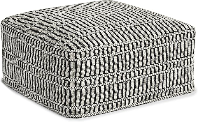 SIMPLIHOME Safford Square Pouf - 20 inch Wide Upholstered PET Polyester Ottoman in Black and White, Boho Indoor/Outdoor Footstool or Extra Seating for Living Room, Bedroom, or Patio, Assembled SimpliHome