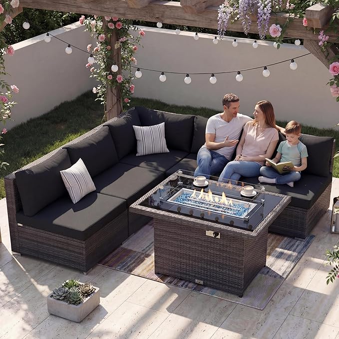NICESOUL 6 Piece Modern L-Shaped Outdoor Sectional with Firepit Natural Gas/Propane, 29.3'' High Back Wicker Patio Furniture Set, Oversized Conversation for Exterior, 2 Color Cushion Black & Gray NICESOUL