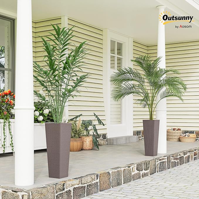 Outsunny 23.6 Inch Tall Planters for Outdoor Plants, Set of 2 Plastic Rattan-Like Flower Pots with Drainage Holes, Stackable Tapered Planters for Indoor Plants, Front Porch, Brown Outsunny