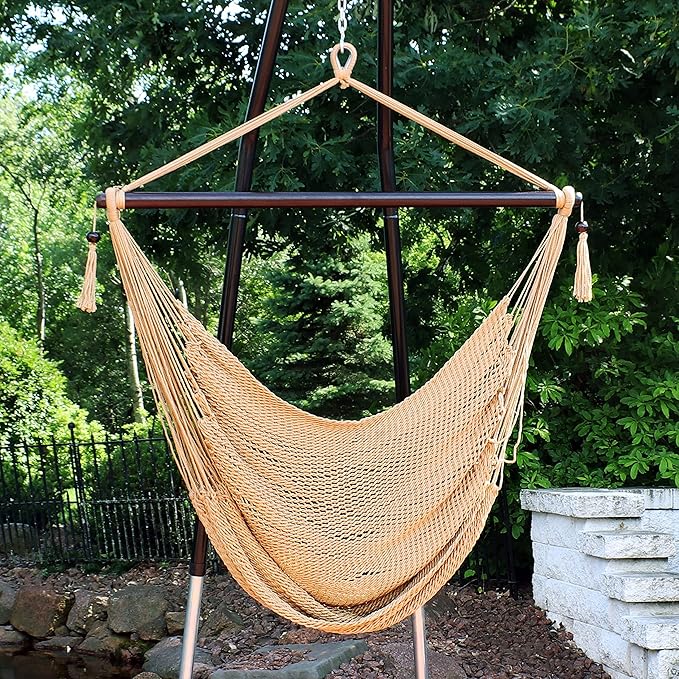 Sunnydaze Outdoor Hammock Chair Swing - Hanging Hammock Swing - Hanging Reading Chair - Soft-Spun Polyester Rope - Caribbean XL - Tan SunnydazeDecor
