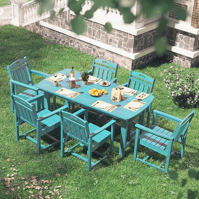 HDPE Outdoor Dining Set, Patio Table and Chairs Set, All-Weather 7-Piece Outside Table and 6 Chairs, 2" Umbrella Hole, Outdoor Furniture for Garden, Poolside, Backyard, Deck | Lake Blue Rootora