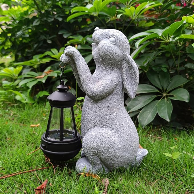 Rabbit Solar Garden Statues,Resin Rabbit Figurine Decorations with Solar Lights Lantern, Outdoor Figurines Lawn Garden Statue Decor Art for Lawn,Yard, Balcony Ornament. Qobumy