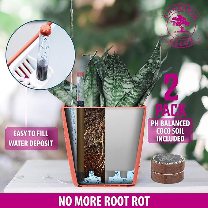 GARDENIX DECOR 5" Self Watering pots for Indoor Plants - Flower Pot with Water Level Indicator for Plants, Grow Tracking Tool - Self Watering Planter Plant Pot – 2 Pack Terracota Rootora