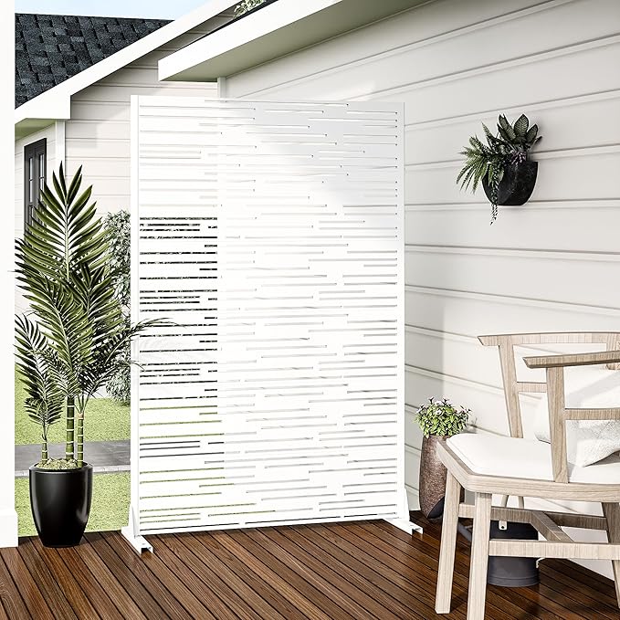 Casaphoria Metal Privacy Screen Outdoor, 72" H x 47" W Freestanding Decorative Privacy Screen for Patio Deck Balcony Garden with Stable Base, White-Shine Casaphoria
