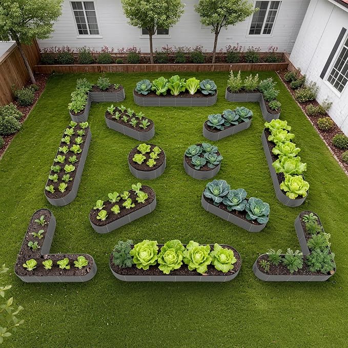 A ANLEOLIFE Set of 14 18 Inch Tall Raised Garden Beds Kit, Heart-Shaped, Long Oval & Round Metal Planters – Ideal for Creative Garden Layouts, Quartz Grey AAnleolife