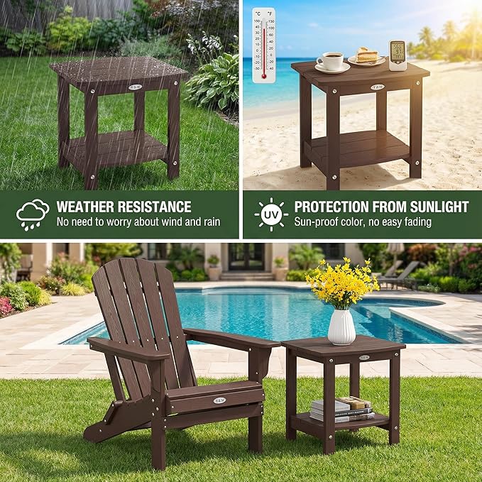 Y&M Outdoor Side Table, HIPS Adirondack Small Double Layer Table, Waterproof Square Outside Table, Balcony End Tables for Patio, Pool, Porch, Deck, Indoor or Outdoor Use, Coffee YM