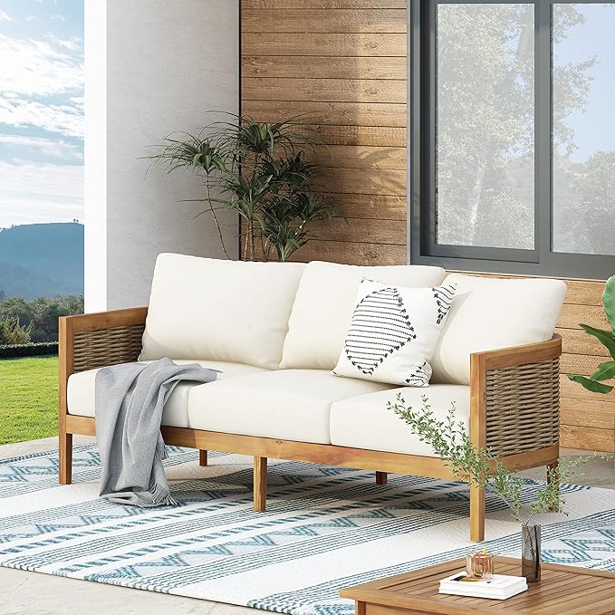 Merax 76.5" Outdoor Acacia Wood Wicker 3 Seater Sofa, Patio Furniture Couch for Backyard Merax