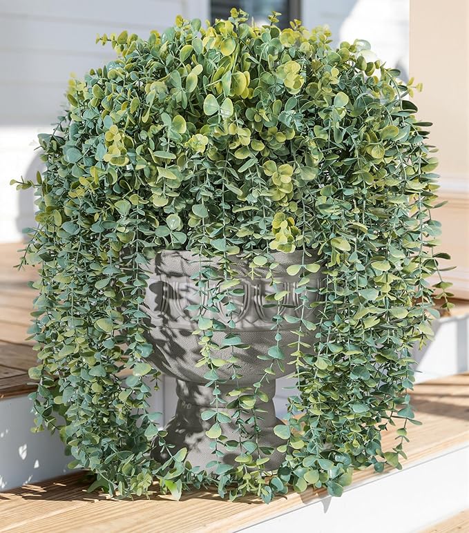 Faux Outdoor Plants Fake Hanging Plants for Outdoors Outside Decorations, 2 Pcs White Faux Eucalyptus Vines Realistic UV Resistant Artificial Greenery for Planters Porch Garden Yard Front Door Patio Ivydale