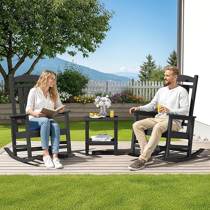 SERWALL HDPE Outdoor Rocking Chair Set of 2, Patio Rocking Chairs, All-Weather Porch Rockers for Adults, Black SERWALL