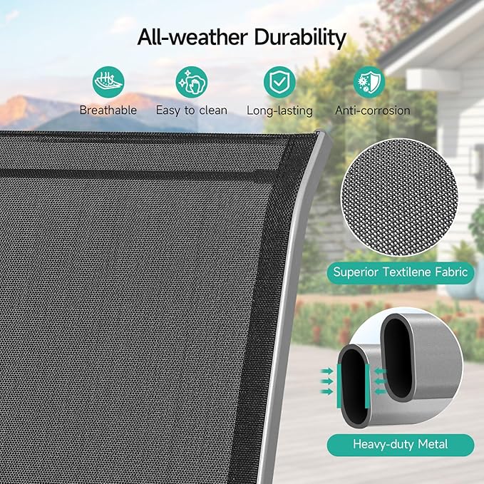 Patio Chairs Set of 2, Easily Set Up Stackable Outdoor Dining Chairs with High Back and Wide Seat, All Weather Breathable Outdoor Chairs Set of 2 with Metal Frame for Backyard Deck Pool, Black Dovov