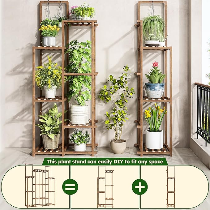 EnHomee Plant Stand Indoor Wood Plant Stand Outdoor Plant Shelf with 14-18 Potted Double Rod Large Plants Holder 440LBS Plants Shelves for Living Room Patio Balcony Yard Garden 44.8''W×11.6''D×47''H EnHomee