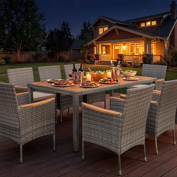 Devoko Outdoor Patio Dining Sets 9 Pieces Wicker Outdoor Dining Table and Chairs Set with Acacia Wood Table Top and Widened Armrests for Backyard, Garden, Deck (Grey) DEVOKO