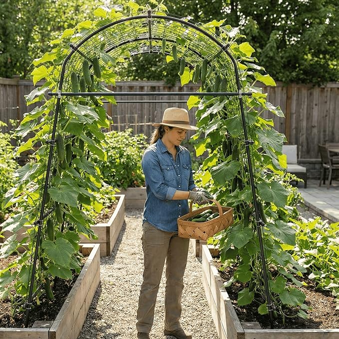 7ft Garden Arch Trellis for Climbing Plants Outdoor-Heavy Duty Metal Cucumber Trellis for Raised Beds- Tall Steel Vegetable Arbor with Strong Bolt Assembly & Outdoor-Ready Stakes GardenArchTrellisforPlants