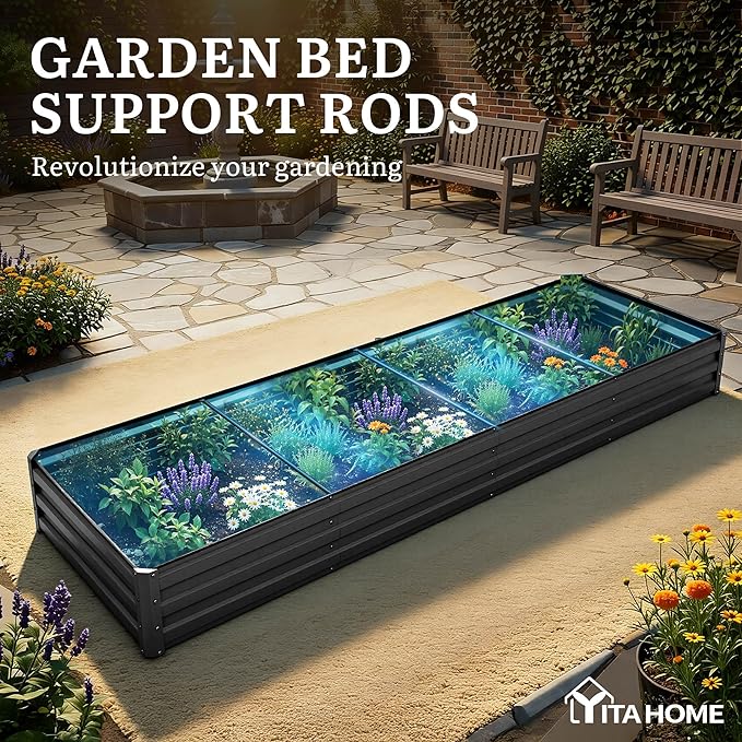 YITAHOME 4pcs 12x4x1 ft Galvanized Raised Garden Bed Kit, Large Metal Planter Box with Gloves, Safety Rubber & Support Rod, Outdoor Flower Bed for Plants Vegetables, Black YITAHOME