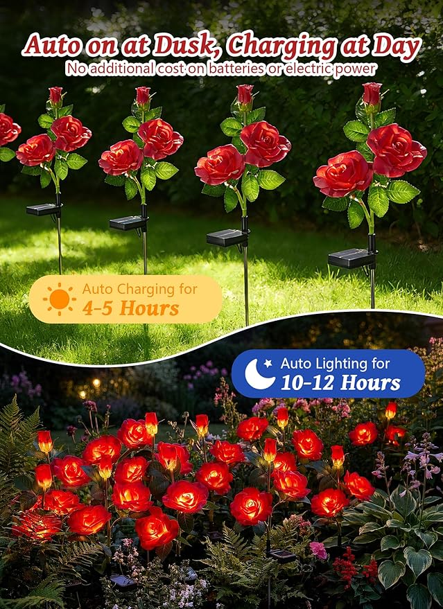 Brightown Outdoor Solar Flower Lights, 4 Pack Solar Garden Light with Larger & More Realistic Red Rose, Bigger Solar Panel, Waterproof Solar Lights Outdoor for Yard Garden Lawn Pathway Decoration Brightown