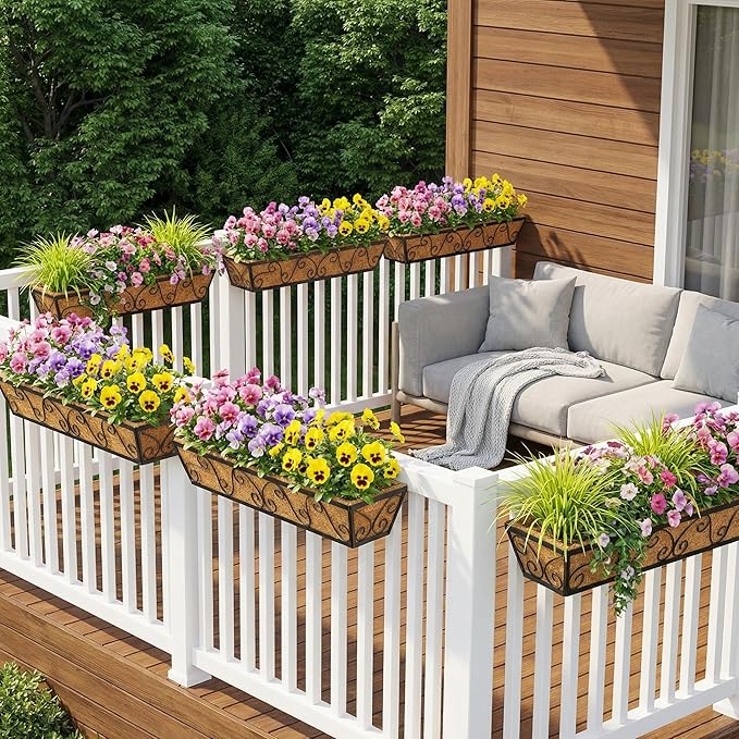6pcs 30 Inch Window Deck with Coco Liner, 30" Window Boxes Horse Trough with Coconut Coir Liner, Metal Hanging Flower Planter Window Basket Deck Railing Planter Boxes for Outdoor Indoor Lawn LAWYAMAI