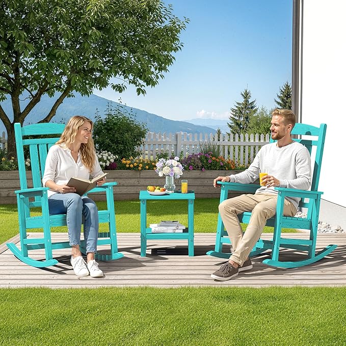 SERWALL HDPE Outdoor Rocking Chair Set of 2, Patio Rocking Chairs, All-Weather Porch Rockers for Adults, Aruba Blue SERWALL