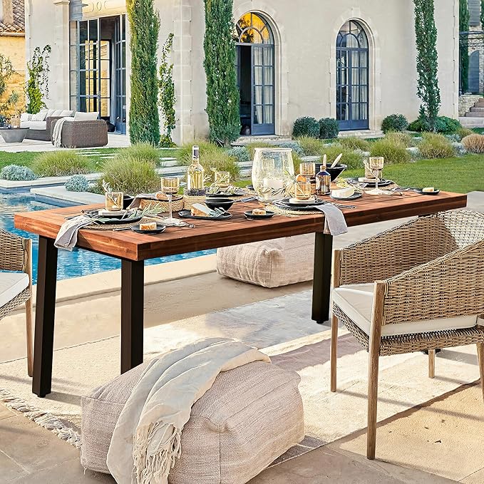 Devoko Home Acacia Wood Dining Table 6-Person Indoor Outdoor Table with Iron Legs, Sandblast Finish, Natural Stained, Rustic Metal, 69 * 33 * 30 inch (Walnut Brown) DEVOKO