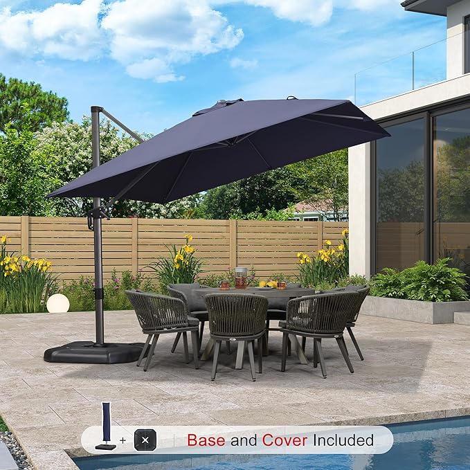 PURPLE LEAF 10'×10' Patio Umbrella with Base and Cover Outdoor Umbrella Large Cantilever Umbrella Windproof Offset Heavy Duty Sun for Garden Deck Pool Patio Navy Blue PURPLELEAF