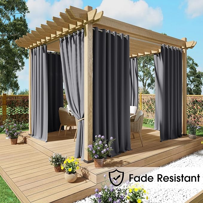 NICETOWN Fade Resistant Outdoor Patio Curtains Waterproof 2 Panels, Xenon Arc Tested Grade 4 Fade Proof, W52 x L108 in Thermal Insulated UV Protection Drapes for Sunroom & Pergolas, Grey NICETOWN