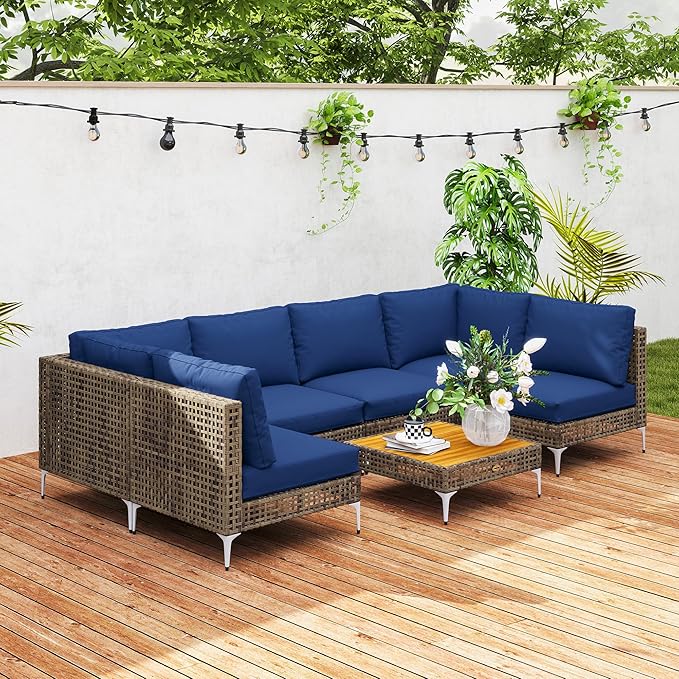 Outsunny 7 Piece Wicker Patio Furniture Set, Modular Outdoor Sectional with Thickened Cushions, Rattan Outdoor Furniture Conversation Set with Slatted Acacia Wood Table for Backyard, Brown/Dark Blue Outsunny