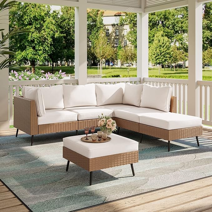 LAUSAINT HOME Outdoor Patio Furniture, 6 Piece Outdoor Sectional Sofa PE Rattan Wicker Patio Conversation Sets, All Weather Patio Furniture Set with Thick Cushions for Garden, Backyard(Beige) LAUSAINTHOME
