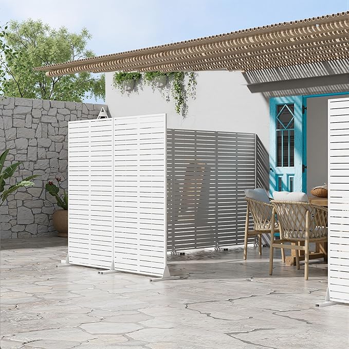 Casaphoria Metal Privacy Screen Outdoor, 72" H x 35" W Freestanding Decorative Privacy Screen for Patio Deck Balcony Garden with Stable Base, White-Louvered Casaphoria