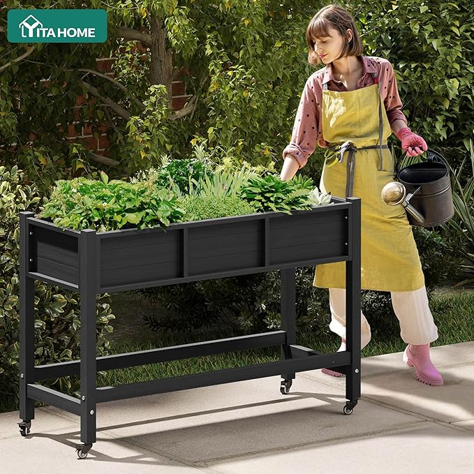 YITAHOME Raised Garden Bed HDPE, 47x18x31 in Raised Planter Box with Legs Poly-Wood Weather-Resistant Elevated Planter Box with Lockable Wheels for Vegetables, Herb Garden Bed, Black YITAHOME