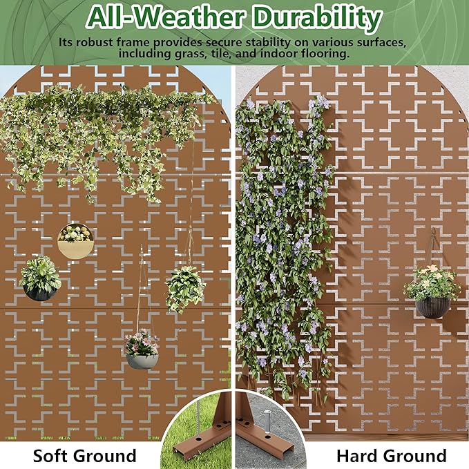 Casaphoria 72" H x 47" W Arched Metal Privacy Screen - Elegant Freestanding Outdoor Screen for Deck, Patio & Balcony - Versatile Decorative Privacy Panels for Home & Garden Use (Brown-Square) Casaphoria