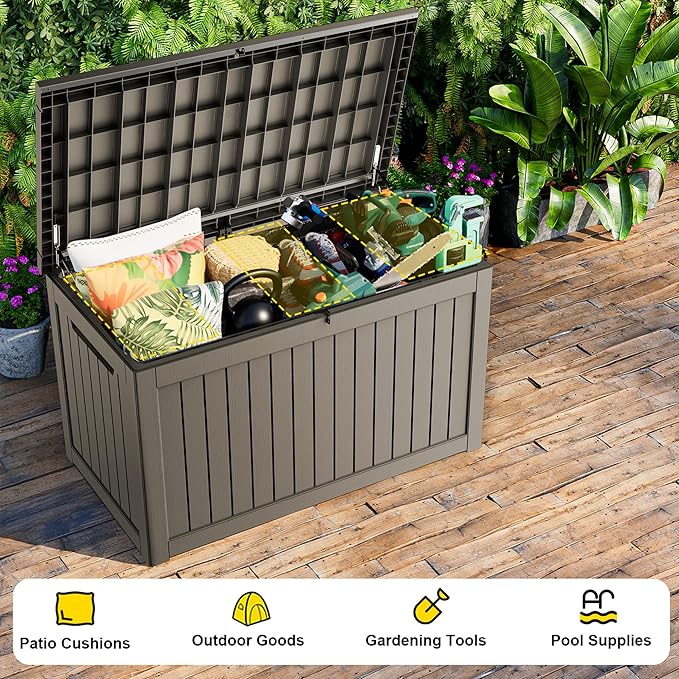280 Gallon Outdoor Storage Box, Large Resin Deck Box for Patio Cushions, Garden Tools, Pool Accessories, Waterproof and Lockable Design, Storage Bench for Backyard & Deck(Gray) Rootora
