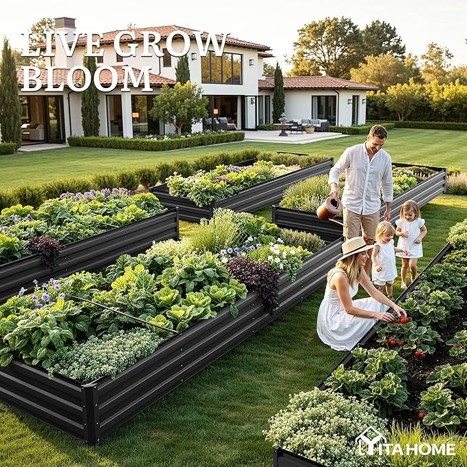 YITAHOME 12x4x1ft Large Raised Garden Bed Kit, Galvanized Metal Planter Box with Gloves, Ground Nails, Support Rod, Outdoor Above Ground Planters for Plants Vegetables Flowers, Black YITAHOME