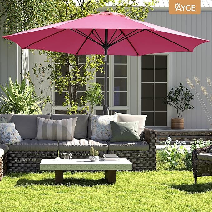 Ayge 9FT Large Outdoor Patio Umbrella Market Table Umbrella-UV Resistant, Easy Push Button Tilt and Crank, 8 Sturdy Fiberglass Ribs Heavy-Duty Pool Umbrella for Deck, Backyard,Garden,Rose Pink AYGE