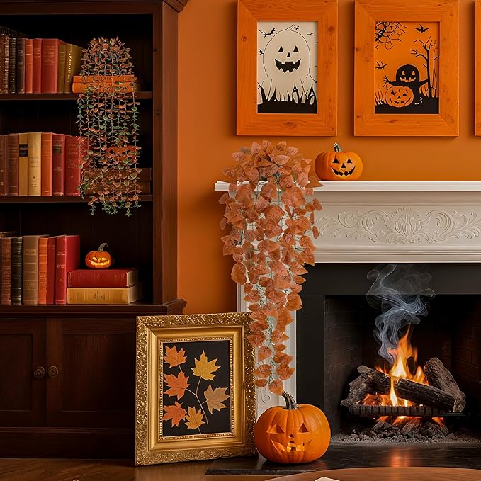 Der Rose 4Pcs Fake Fall Plants Hanging Orange Artificial Eucalyptus Plants, Boston Fern, Fake Potho, String of Pearls for Halloween Bathroom Table Centerpiece Wall Mantle Decor Indoor and Outdoor DerRose