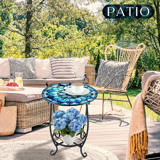 Outdoor Side Table Round Small Mosaic Patio Accent Indoor End Plant Coffee Tea Table for Yard Patio Porch Garden Living Room, Bedroom(Mandala Style,18 Inch) Cinnvoice